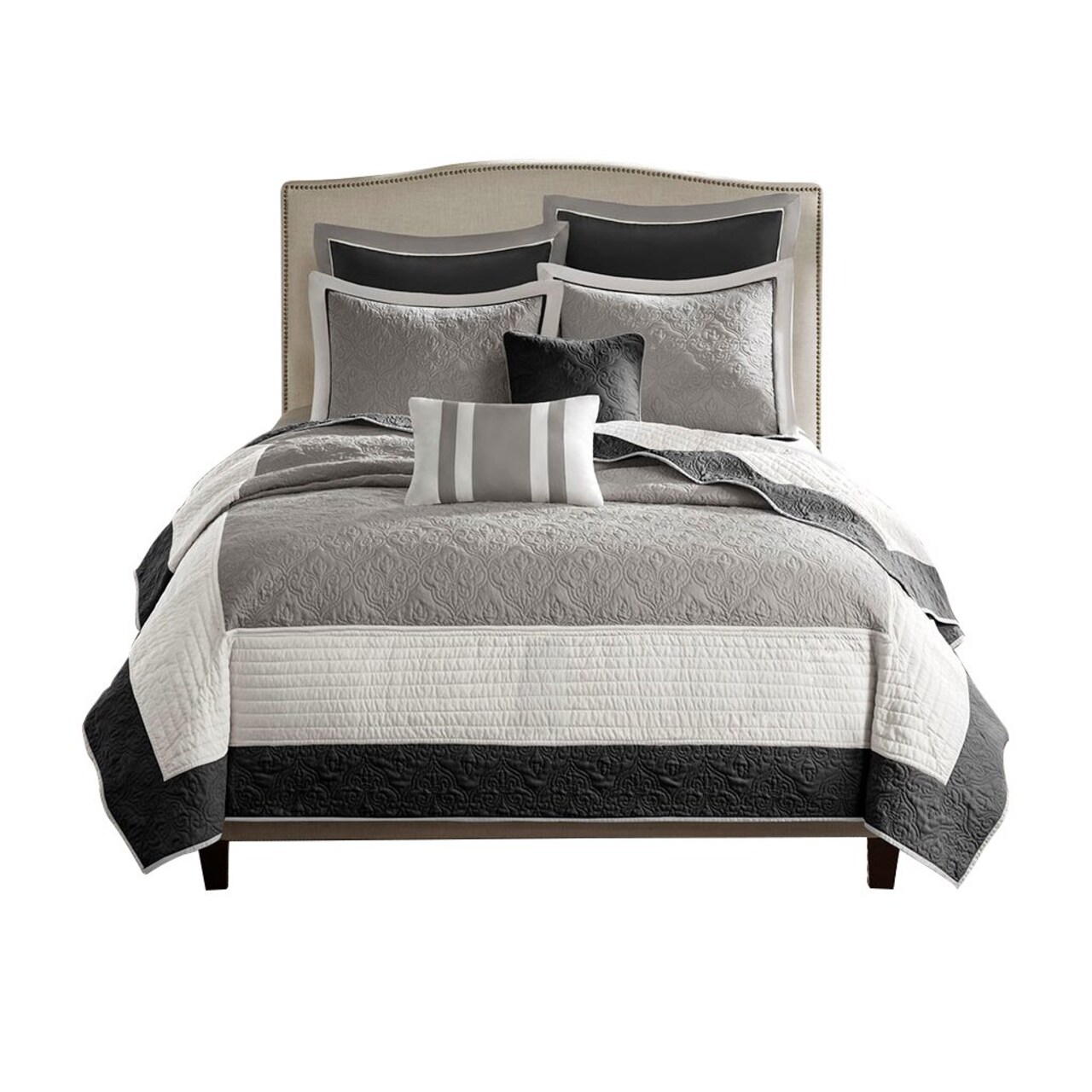 Gracie Mills Colby 7-Piece Quilt Set Brown Ivory Taupe Reversible Grace-3301